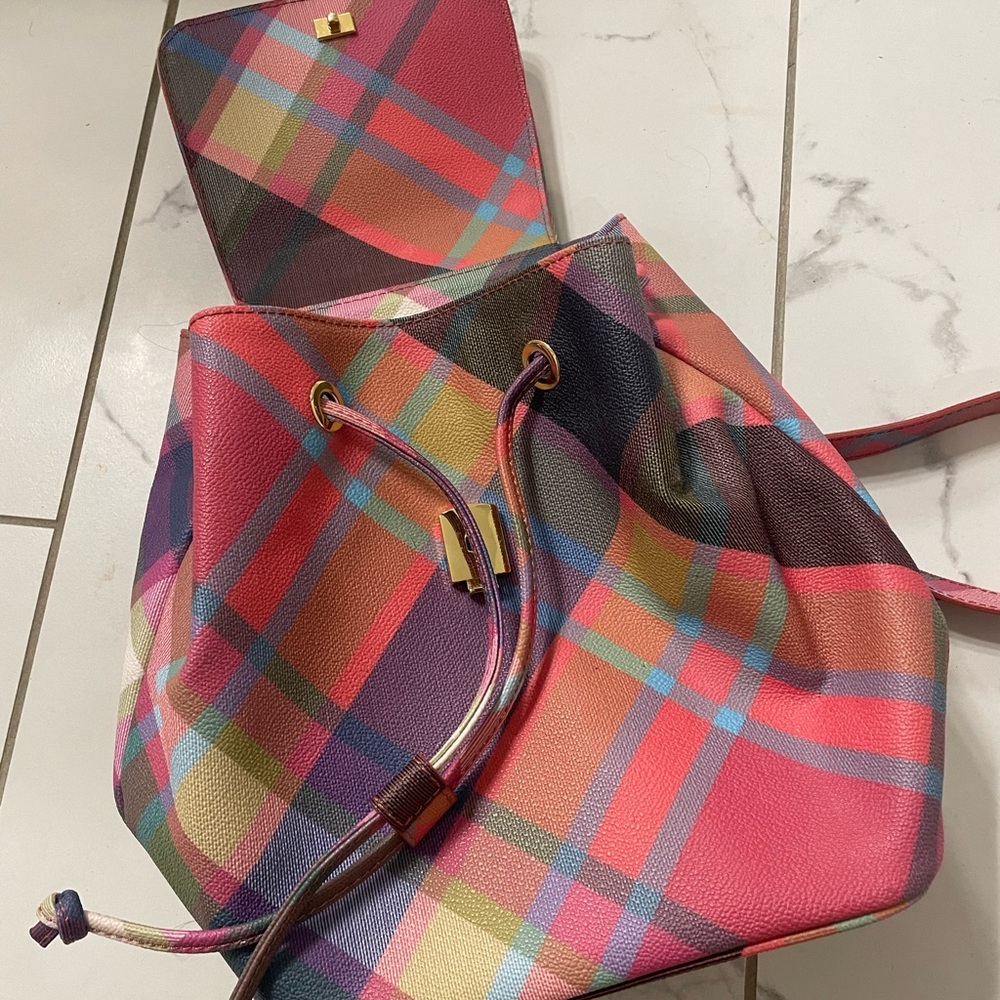 Vivienne Westwood Multi-Color Plaid Drawstring Backpack - Picture 2 of 7